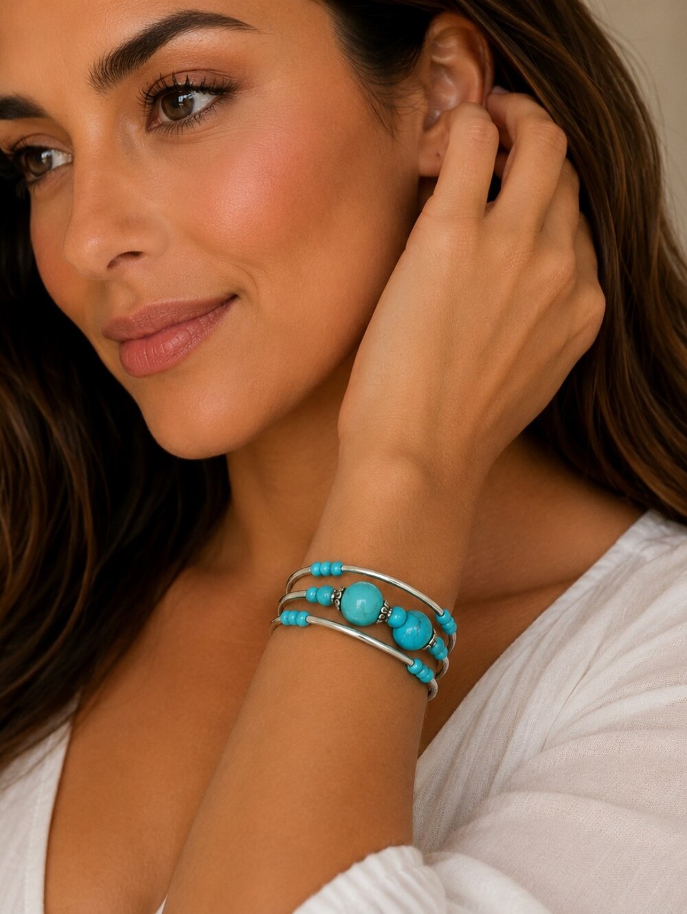 Turquoise Beaded Silver-Tone Wrap Bracelet - Women Jewelry